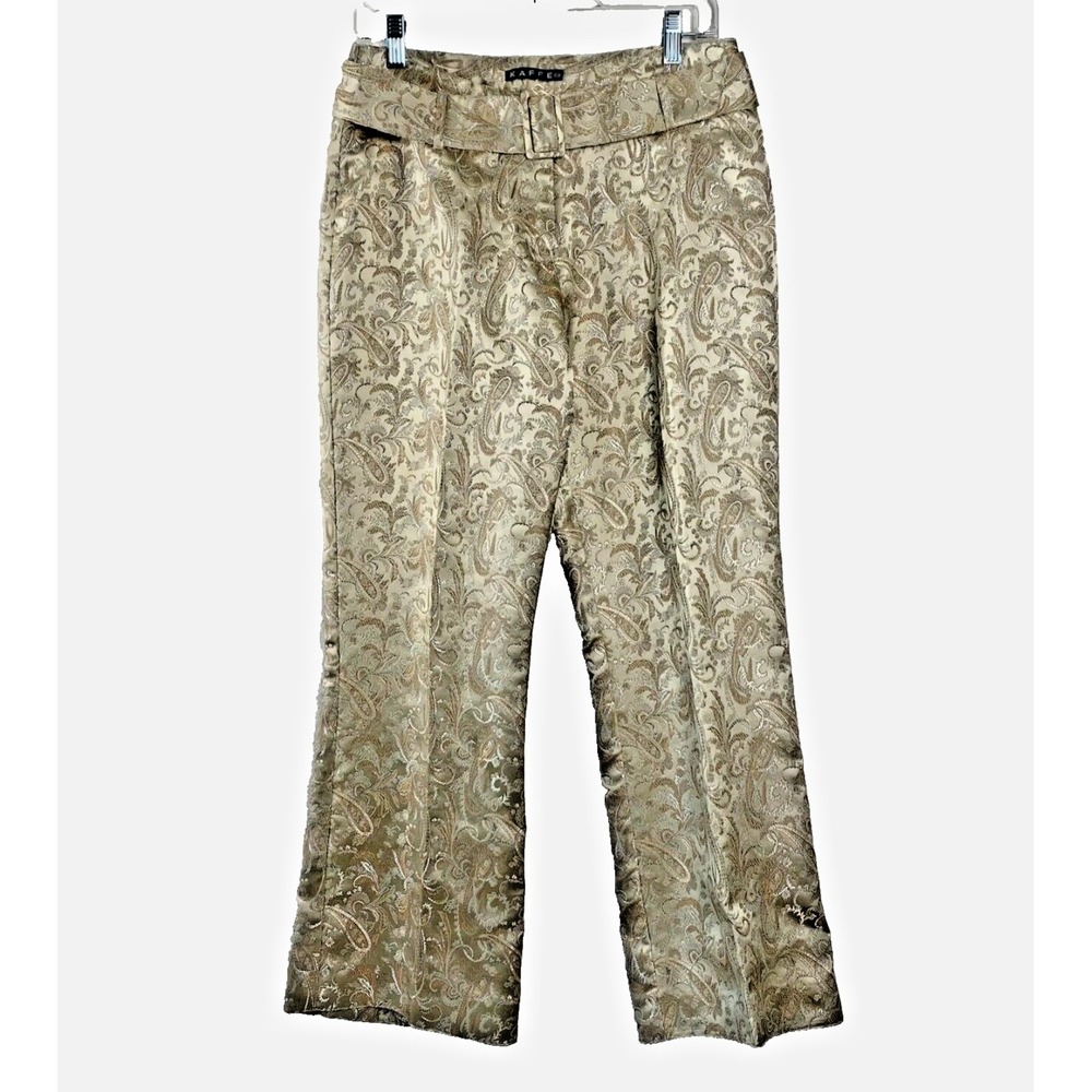 KAFFE Women's‎ Pants Dress Size 38 Paisley Textured w/Belt Tan Gold